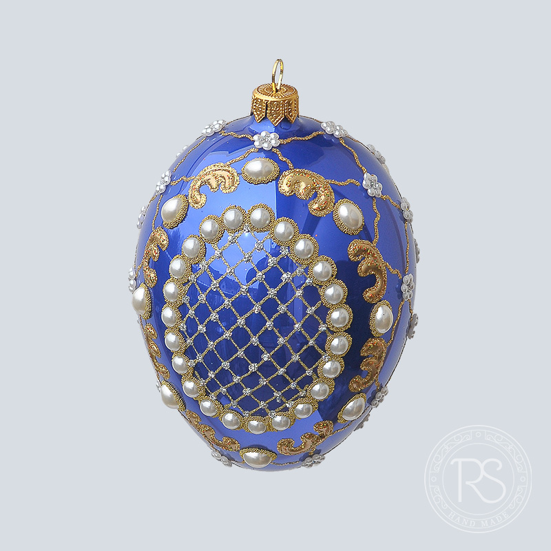 Faberge niebieskie z perłami - Ręcznie malowane bombki