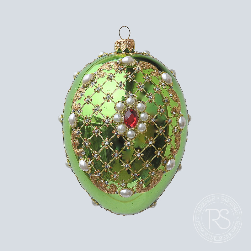 Faberge zielone z kwiatem i perłami - Ręcznie malowane bombki